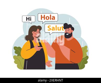 Comunicazione verbale. Discussione interpersonale e multilingue. Due personaggi che parlano tra di loro, hanno un dialogo. Caratteri che parlano lingue diverse. Illustrazione vettoriale piatta Illustrazione Vettoriale
