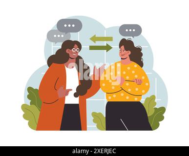 Comunicazione verbale. Discussione interpersonale. Due personaggi femminili che si parlano tra di loro, hanno un dialogo. Personaggio che racconta una storia, passando un messaggio vocale. Illustrazione vettoriale piatta Illustrazione Vettoriale