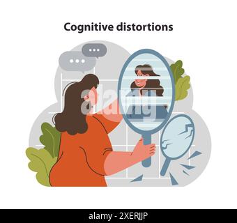 Distorsione cognitiva. Fenomeno o condizione mentale e psicologica. Donna che tiene in mano uno specchio con riflessi distorti. Cancellazione o depersonalizzazione. Illustrazione vettoriale piatta Illustrazione Vettoriale