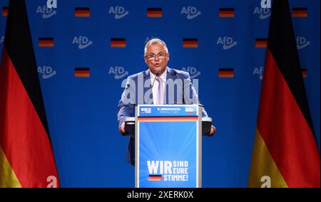 Essen, Germania. 29 giugno 2024. Heiko Scholz (AfD) parla alla conferenza del partito nazionale AfD nella Grugahalle di Essen. Alla conferenza di due giorni, l'AfD prevede di eleggere un nuovo comitato esecutivo federale, tra le altre cose. Numerose organizzazioni hanno manifestato opposizione alla riunione e più di una dozzina di contro-dimostrazioni. Crediti: Bernd von Jutrczenka/dpa/Alamy Live News Foto Stock