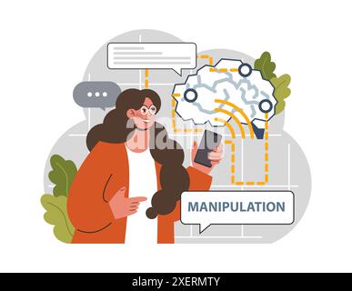 Manipolazione. Metodo di controllo psicologico. Dominazione sfruttamento, abuso emotivo e controllo. Propaganda e idea di dipendenza da Internet. Illustrazione vettoriale piatta Illustrazione Vettoriale