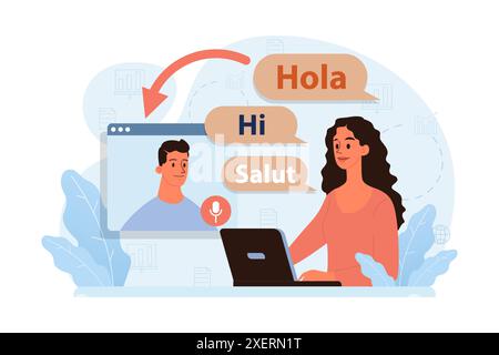 Comunicazione verbale. Discussione interpersonale e multilingue. Due personaggi che parlano tra di loro, hanno un dialogo. Caratteri che parlano lingue diverse. Illustrazione vettoriale piatta Illustrazione Vettoriale