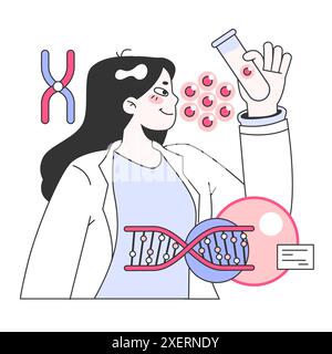 Genomica. Scienziati che analizzano l'elica del DNA. Ingegneria genetica. Lo scienziato lavora con la struttura delle molecole del DNA. Analisi genetica e prevenzione delle malattie genetiche. Illustrazione vettoriale piatta Illustrazione Vettoriale