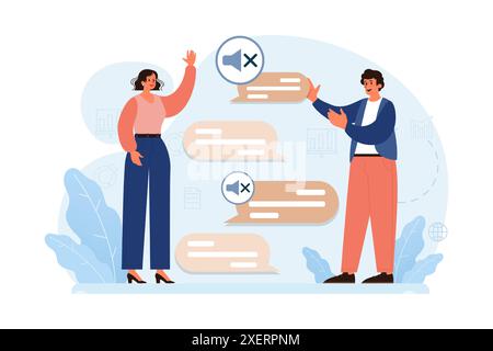 Personaggi sordi e muti maschili e femminili che parlano con i gesti delle mani. Comunicazione con un linguaggio dei segni. Illustrazione vettoriale piatta Illustrazione Vettoriale