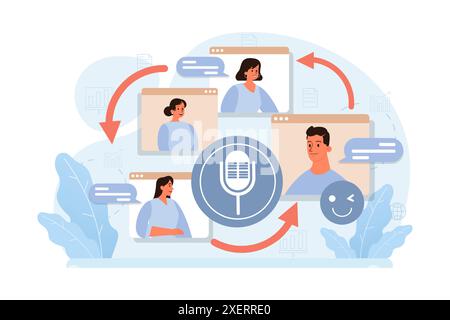 Comunicazione online. Gruppi di amici che parlano tra loro, dialogano. Personaggio che utilizza le app del dispositivo digitale per chattare e videochiamare. Social networking. Illustrazione vettoriale piatta Illustrazione Vettoriale