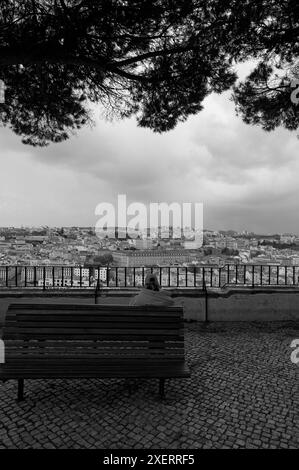 Monocromatico di una persona solitaria su una panchina di legno a miradouro da grazia, sotto un baldacchino di alberi, che guarda un paesaggio urbano nuvoloso di lisbona Foto Stock