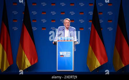 Essen, Germania. 29 giugno 2024. Markus Wagner (AfD) parla alla conferenza del partito nazionale AfD nella Grugahalle di Essen. Alla conferenza di due giorni, l'AfD prevede di eleggere un nuovo comitato esecutivo federale, tra le altre cose. Numerose organizzazioni hanno manifestato opposizione alla riunione e più di una dozzina di contro-dimostrazioni. Crediti: Bernd von Jutrczenka/dpa/Alamy Live News Foto Stock