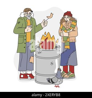 Senzatetto. Mendicanti maschi e femmine che indossano vestiti stracciati e sporchi che implorano soldi. Povero personaggio che raccoglie e raccoglie spazzatura. Illustrazione vettoriale piatta Illustrazione Vettoriale