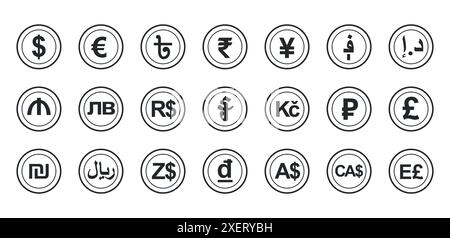 Insieme di valute monetarie di diversi paesi del mondo. Illustrazione vettoriale dell'icona di scambio del profilo. Illustrazione Vettoriale