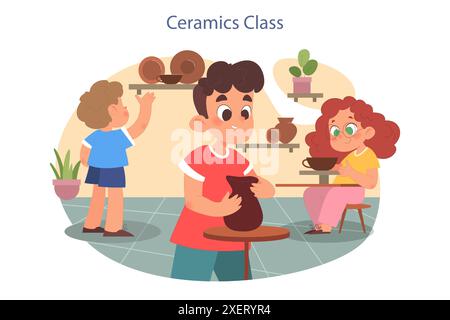 Lezione di ceramica e ceramica. I bambini scolpiscono e creano ceramiche sulla ruota dei ceramisti. Piccolo asilo o scuola elementare e ragazzo seduti a tavola e a lavorare con l'argilla. Illustrazione vettoriale piatta Illustrazione Vettoriale