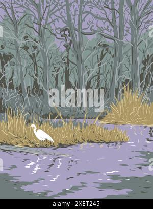 Poster art WPA di un grande egret nel bayou della Barataria Preserve all'interno del Jean Lafitte National Historical Park, Louisiana USA, fatto nel progetto Works A. Illustrazione Vettoriale