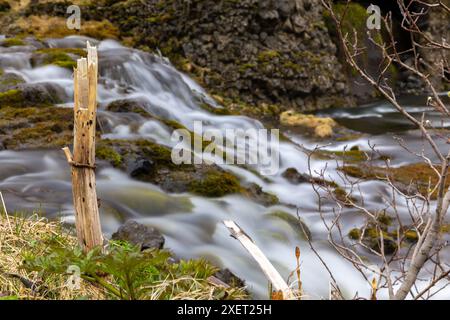 Piccola cascata con acqua che scorre sopra le pietre circondata da vegetazione verde nel Gjain Canyon nella valle di Thjorsardalur, Islanda, lunga esposizione. Foto Stock