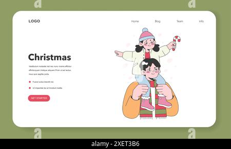 I personaggi celebrano il natale e il Capodanno tramite banner Web o landing page. I membri della famiglia trascorrono del tempo all'aria aperta durante le vacanze invernali. Bambina seduta sul collo di suo padre. Illustrazione vettoriale piatta Illustrazione Vettoriale