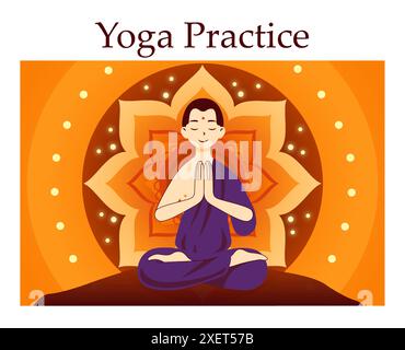 Guru, praticante di yoga in meditazione. Uomo asiatico in abiti tradizionali seduto in posizione di loto. Armonia, relax e stile di vita sano. Illustrazione vettoriale piatta Illustrazione Vettoriale