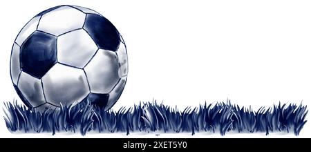 Bordo in stile calcio. Palla classica sull'erba. Monocromatico blu. illustrazione acquerello Foto Stock