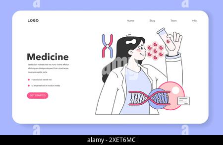 Banner Web o landing page sulla genomica. Scienziati che analizzano l'elica del DNA. Ingegneria genetica. Lo scienziato lavora con la struttura delle molecole del DNA. Analisi di test genetici. Illustrazione vettoriale piatta Illustrazione Vettoriale