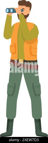 Hunter cerca animali attraverso il binocolo mentre tiene in mano la sua arma Illustrazione Vettoriale