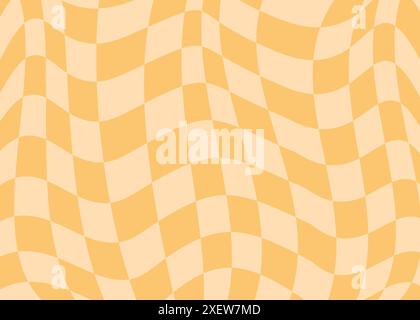 Motivo a scacchi distorto. Fantasia hippie retrò senza cuciture. Stile retrò, stile psichedelico e trendy anni '70. Scacchiera Trippy sfondo vintage. Ripetizione geometrica distorta. Monocromatico astratto. Illustrazione Vettoriale