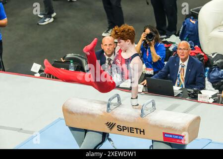 Minneapolis, Minnesota, Stati Uniti. 29 giugno 2024. JOSHUA KARNES gareggia sul cavallo di pommel il terzo giorno delle prove di ginnastica della squadra olimpica degli Stati Uniti del 2024 al Target Center di Minneapolis, Minnesota. (Immagine di credito: © Steven Garcia/ZUMA Press Wire) SOLO PER USO EDITORIALE! Non per USO commerciale! Crediti: ZUMA Press, Inc./Alamy Live News Foto Stock