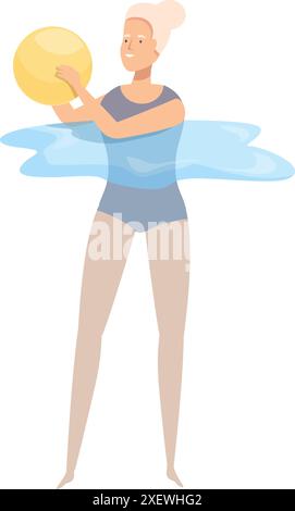 Donna anziana felice che si esercita in piscina, tenendo una palla gialla durante l'aerobica in acqua Illustrazione Vettoriale