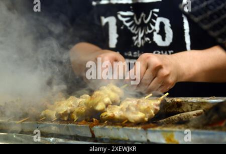 Un giovane giapponese che grigia spiedini al ristorante Washio Yakitori Izakaya a Chuocho, Kagoshima, Giappone. Foto Stock