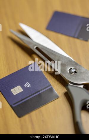 Dettaglio di una carta di credito tagliata con le forbici. Foto Stock