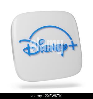 Logo Disney Plus in tre dimensioni isolato su sfondo bianco. illustrazione 3d. Foto Stock