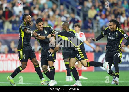 Foxborough, Massachusetts, Stati Uniti. 29 giugno 2024; Foxborough, ma, USA; i Columbus Crew celebrano un gol durante la partita MLS tra Columbus Crew e New England Revolution. Anthony Nesmith/CSM credito: Cal Sport Media/Alamy Live News Foto Stock