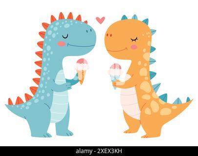 Due simpatici dinosauri stanno mangiando il gelato. Divertente creatura preistorica, animale o mostro. Simpatico disegno vettoriale infantile per stampa t-shirt e timbro Illustrazione Vettoriale