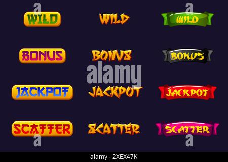 Set di slot Word - Vinci, Scatter, Wild, Bonus e Jackpot. Icone in stile cinese per giochi 2D e casinò o slot Illustrazione Vettoriale
