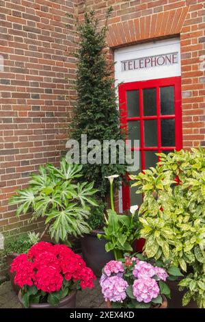 Inghilterra, Kent, Sandwich, piccolo giardino di fronte al Royal mail Sorting Office con tradizionale cabina telefonica rossa Foto Stock