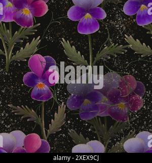 Una splendida e artistica composizione di eleganti fiori viola e viola con delicate foglie su uno sfondo scuro. Arte digitale per la stampa su tessuto e carta. Foto Stock