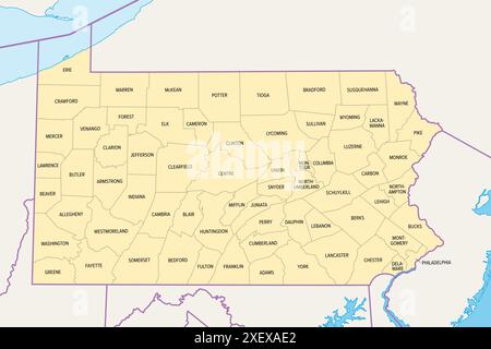 Contee della Pennsylvania, mappa politica. Commonwealth della Pennsylvania, stato del Mid-Atlantic e Stati Uniti nord-orientali, suddiviso in 67 contee. Foto Stock