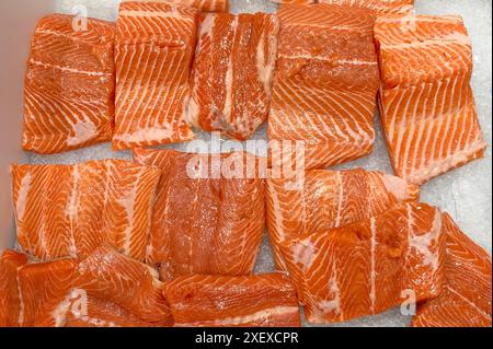 Vista dall'alto del filetto di salmone fresco per la vendita sul mercato bagnato. Foto Stock