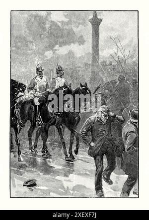 Una vecchia incisione di manifestanti alla marcia di protesta della “Bloody Sunday”, Trafalgar Square, Londra, Inghilterra, Regno Unito, il 13 novembre 1887. È tratto da un libro di storia vittoriana del 1900 circa. Almeno 10.000 manifestanti marciarono fino a Trafalgar Square. La folla protestava per la disoccupazione e gli atti di coercizione irlandesi, oltre a chiedere il rilascio del deputato William o'Brien, si scontrarono con la polizia metropolitana. La manifestazione è stata organizzata dalla Federazione socialdemocratica e dalla Irish National League. La polizia è stata dispiegata per fermare la marcia e ci sono stati scontri violenti con la polizia. Foto Stock