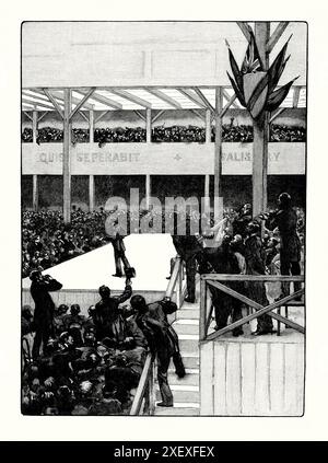 Una vecchia incisione della grande manifestazione unionista a Belfast, in Irlanda, nel 1892. È tratto da un libro di storia vittoriana del 1900 circa. 12.000 persone si sono riunite il 17 giugno 1892, per dimostrare la loro opposizione all'Home Rule. Poiché nessun edificio a Belfast poteva ospitare una folla così grande, un padiglione per convegni è stato appositamente costruito per l'occasione. Foto Stock