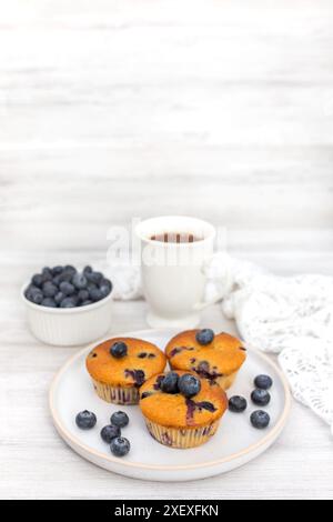 Muffin ai mirtilli cotti con mirtilli freschi su sfondo bianco, primo piano. Torte fatte in casa. Foto Stock
