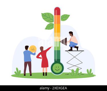 Misurazione e controllo del livello di sollecitazione. Le persone più piccole misurano le emozioni e il dolore umani su scale di termometro infografico, valutando l'umore positivo e negativo, tenendo in mano le illustrazioni dei vettori dei fumetti emoji Illustrazione Vettoriale