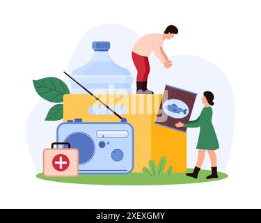 Preparazione alle calamità naturali, raccolta di articoli del kit di sopravvivenza. Piccole persone raccolgono cibo in scatola e bottiglia d'acqua, cassetta di pronto soccorso e le attrezzature necessarie illustrazioni dei vettori dei cartoni animati Illustrazione Vettoriale