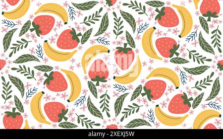 Fantasia senza cuciture con illustrazioni di banane, fragole rosse, fiori rosa e foglie verdi, disposte in un design a forma di diamante. Moderno stile vettoriale organico con colori piatti Illustrazione Vettoriale