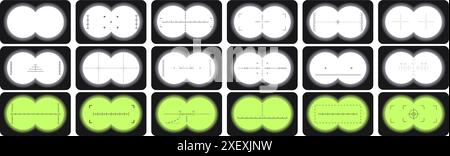 set di icone del mirino binocolo. Set di vari mirini, che mostrano diversi tipi di reticoli per il puntamento e il puntamento Illustrazione Vettoriale