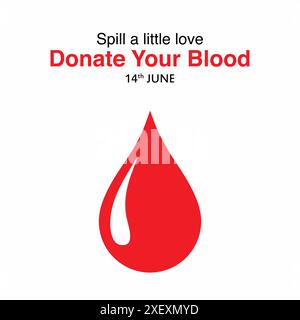 Versare un po' d'amore. Giornata mondiale dei donatori di sangue. logo tipografico a forma di goccia. Donare sangue salvare la vita idea. Isolato su sfondo bianco. Illustrazione Vettoriale