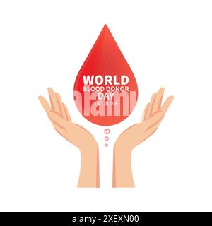 World Blood Donor Day Vector, Logo, poster, opuscolo, sfondo. Giornata mondiale dei donatori di sangue, 14 giugno Vector. Segno di goccia di sangue. Simbolo cuore e mano. Illustrazione Vettoriale