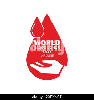 World Blood Donor Day Vector, Logo, poster, opuscolo, sfondo. Giornata mondiale dei donatori di sangue, 14 giugno Vector. Segno di goccia di sangue. Simbolo cuore e mano. Illustrazione Vettoriale