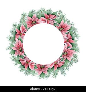 Rosso verde punta fiori rotondi cornice corona con rami di pino illustrazione acquerello per le cartoline di Natale Foto Stock