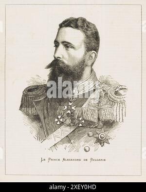 Ritratto inciso del principe Alessandro di Bulgaria. 1886 Alexander Joseph GCB (1857 – 1893 ), noto come Alessandro di Battenberg, fu il primo principe (knyaz) del Principato di Bulgaria dal 1879 fino alla sua abdicazione nel 1886. La grande Assemblea nazionale bulgara lo elesse come Principe della Bulgaria autonoma, che rimase ufficialmente all'interno dell'Impero ottomano, nel 1879. Sciolse l'assemblea nel 1880 e sospese la Costituzione nel 1881, considerandola troppo liberale. Restaurò la Costituzione nel 1883, portando ad un conflitto aperto con la Russia che lo rese popolare in Bulgaria. Unificazione Foto Stock