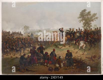 Incisione della battaglia di Wörth il 6 agosto 1870. 1872 la battaglia di Wörth, nota anche come battaglia di Reichshoffen o battaglia di Frœschwiller, che ebbe luogo il 6 agosto 1870 nelle fasi iniziali della guerra franco-prussiana (la prima battaglia di Wörth avvenne il 23 dicembre 1793 durante le guerre rivoluzionarie francesi). Nella seconda battaglia, le truppe tedesche comandate dal principe ereditario Federico e dirette dal suo capo di stato maggiore, il generale Leonhard Graf von Blumenthal, sconfissero i francesi sotto il comando del maresciallo MacMahon vicino al villaggio di Woerth in Alsazia, sul fiume Sauer, a 10 chilometri (6) Foto Stock