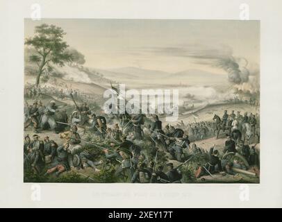 Incisione della battaglia di Wörth il 6 agosto 1870. 1872 la battaglia di Wörth, nota anche come battaglia di Reichshoffen o battaglia di Frœschwiller, che ebbe luogo il 6 agosto 1870 nelle fasi iniziali della guerra franco-prussiana (la prima battaglia di Wörth avvenne il 23 dicembre 1793 durante le guerre rivoluzionarie francesi). Nella seconda battaglia, le truppe tedesche comandate dal principe ereditario Federico e dirette dal suo capo di stato maggiore, il generale Leonhard Graf von Blumenthal, sconfissero i francesi sotto il comando del maresciallo MacMahon vicino al villaggio di Woerth in Alsazia, sul fiume Sauer, a 10 chilometri (6) Foto Stock