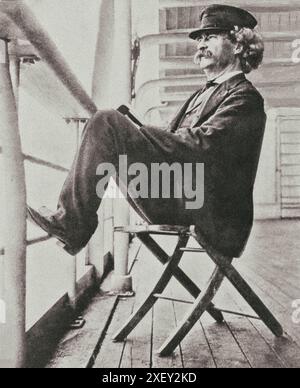 Ritratto a matita di Mark Twayn Samuel Langhorne Clemens (1835 – 1910), conosciuto con il suo pseudonimo Mark Twain, è stato uno scrittore, umorista, imprenditore, editore e docente statunitense. È stato lodato come il "più grande umorista [gli Stati Uniti] hanno prodotto", e William Faulkner lo ha definito "il padre della letteratura americana". I suoi romanzi includono The Adventures of Tom Sawyer (1876) e il suo sequel, The Adventures of Huckleberry Finn (1884), quest'ultimo spesso chiamato "The Great American Novel". Foto Stock