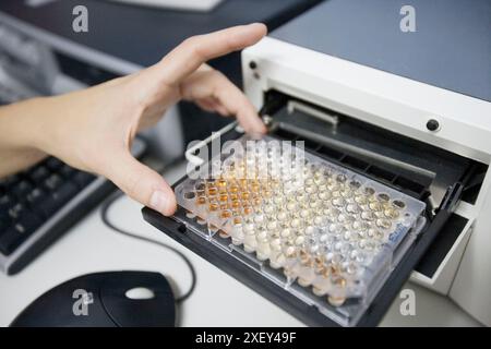 Laboratorio di biologia molecolare. Rilevamento di pesticidi negli alimenti (cereali) con tecnica ELISA (saggio immunosorbente enzimatico collegato). AZTI-Tecnalia. Technolo Foto Stock